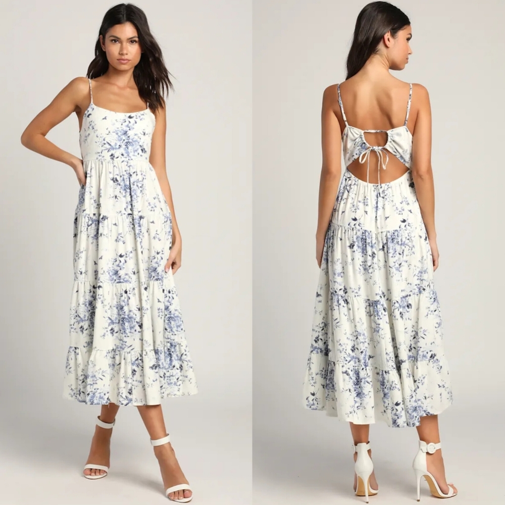 Lulu's White and Blue Floral Tiered Midi Dress